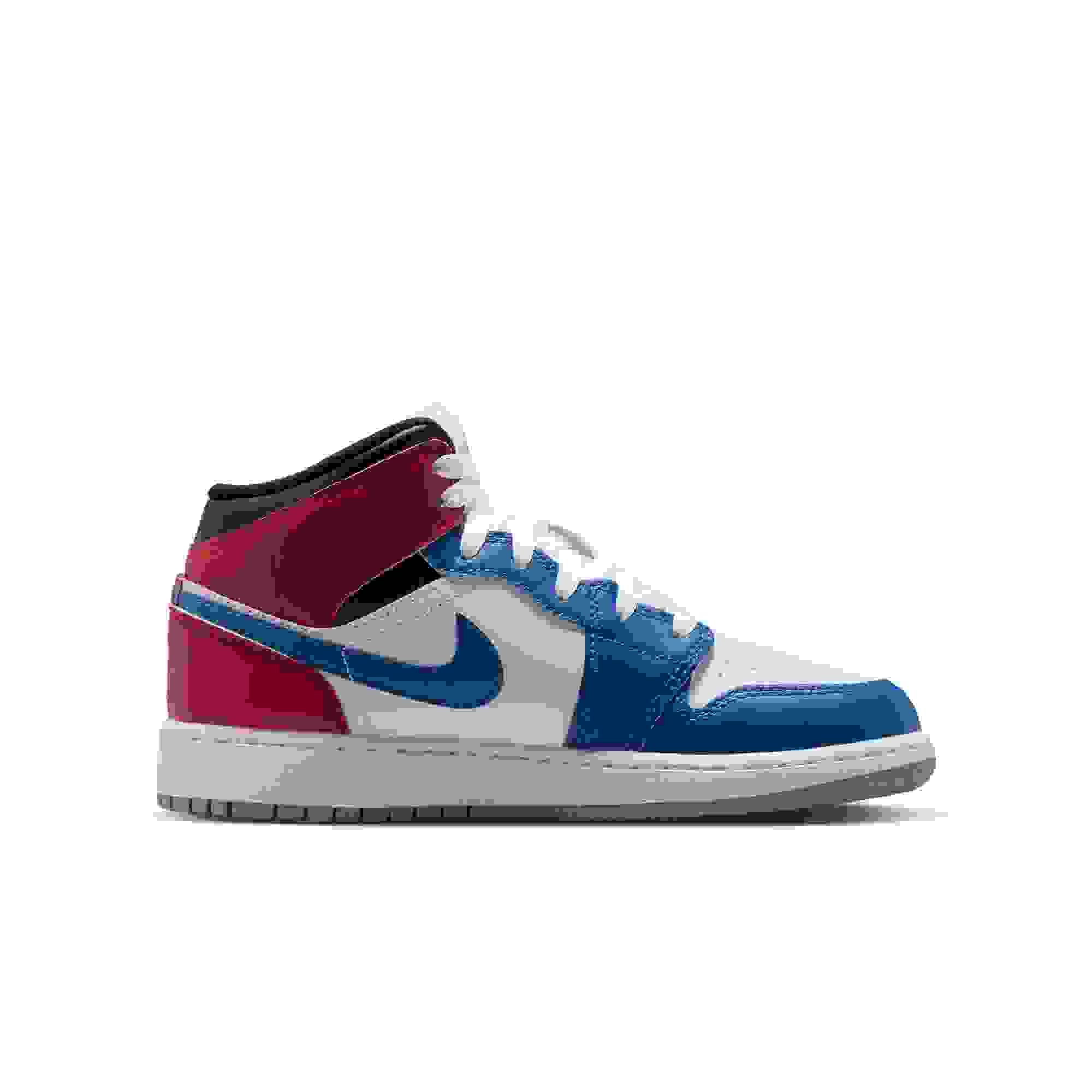 Jordan 1 Mid Grade School Boys' "True Blue/Summit White/Varsity Red/Black" Shoe